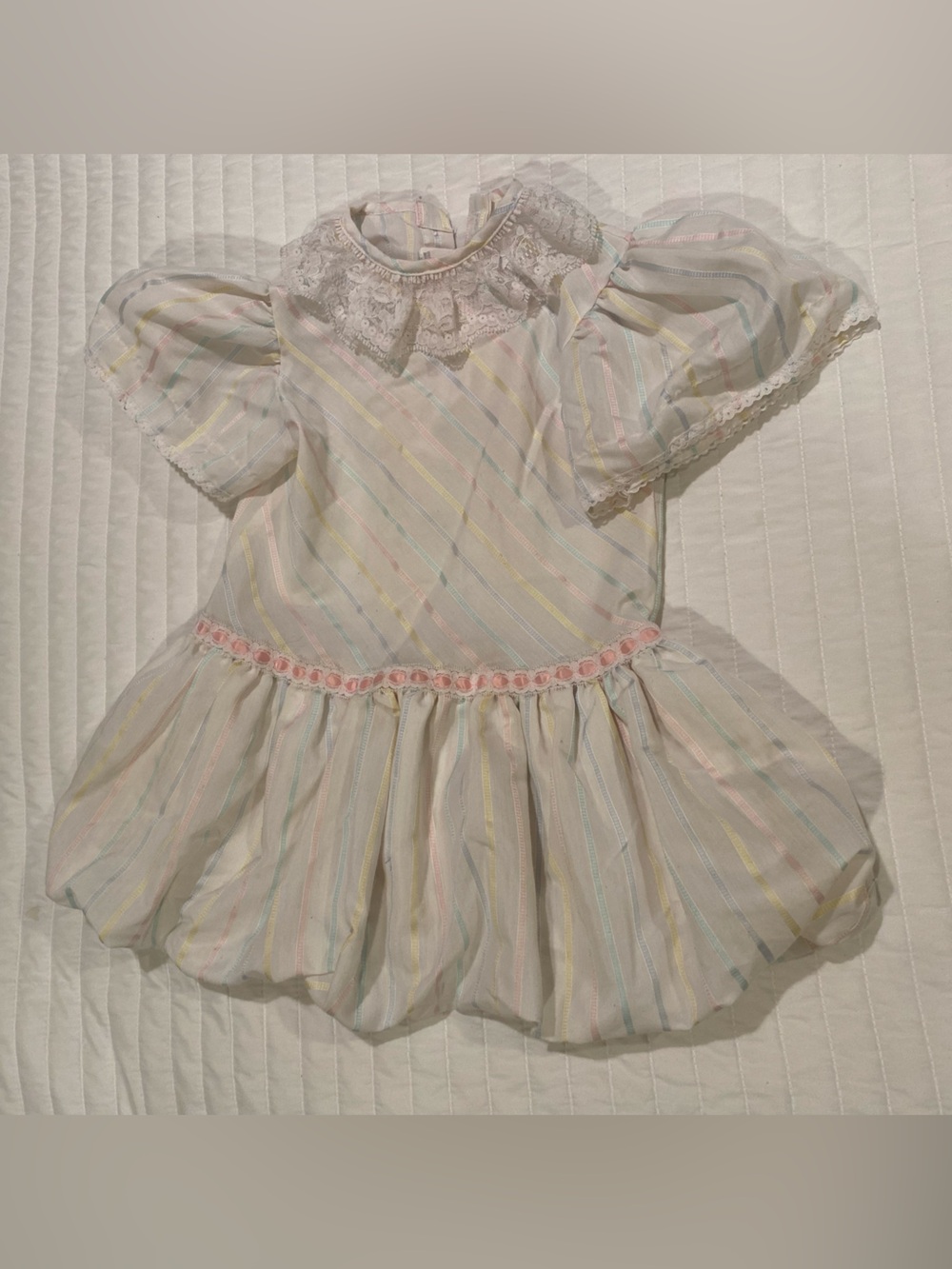 Roanna Vintage Girls Lace Ruffle Puff Hem Dress Pastel Stripe Sz 5
